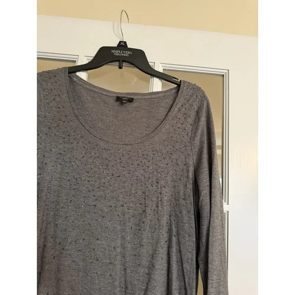 Talbots Women’s Grey Beaded 3/4 Sleeve Blouse Petites PETITE LARGE PL